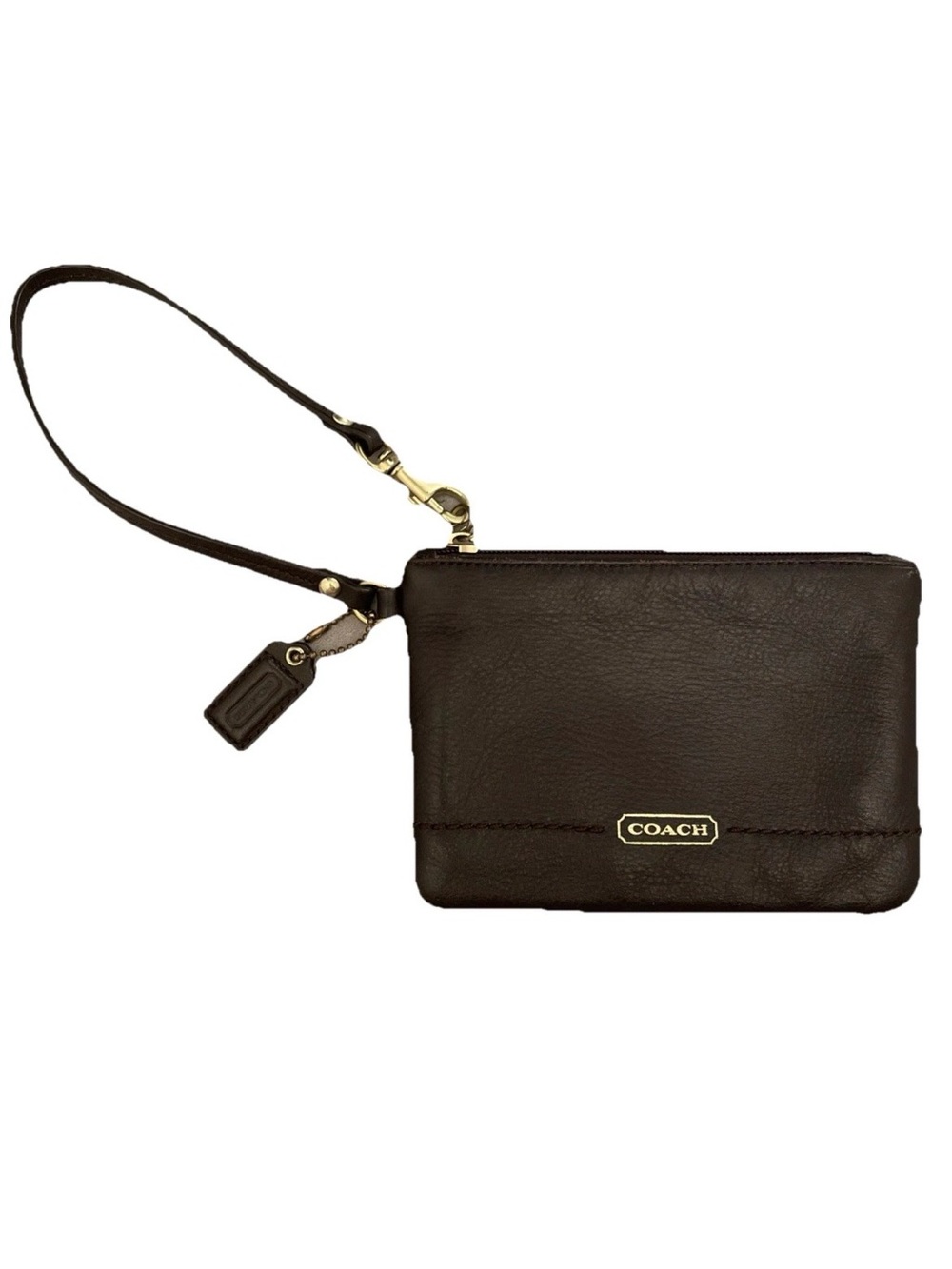 Coach Brown Leather Wristlet 6X4.5 Zip Logo Tag Gold Accents